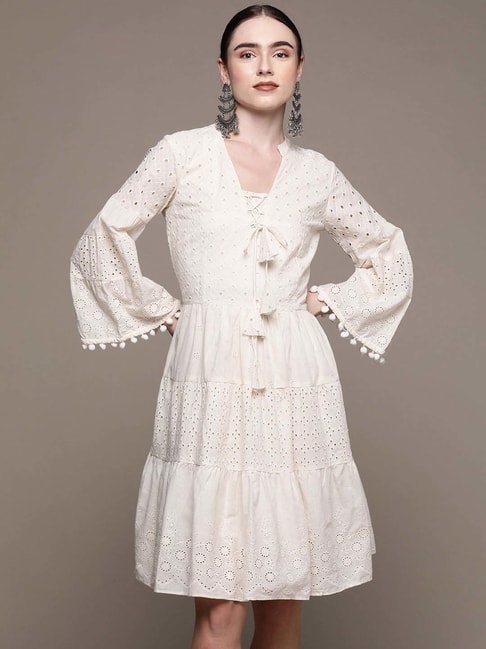 Ishin Off-White Cotton Self Pattern Dress Price in India