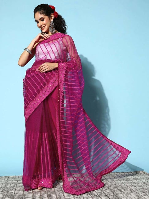 Ishin Pink Embroidered Saree With Unstitched Blouse