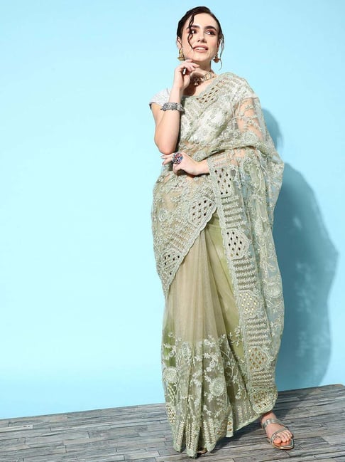 Ishin Green Embroidered Saree With Unstitched Blouse