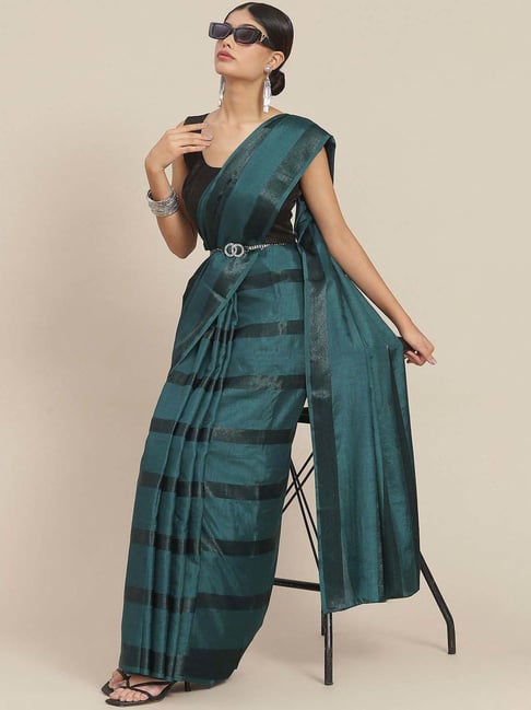 Ishin Green Striped Saree With Unstitched Blouse