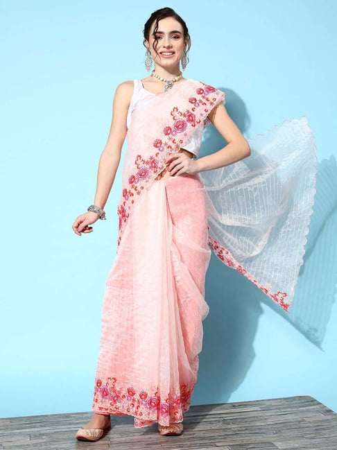 Ishin Peach Embellished Saree With Unstitched Blouse