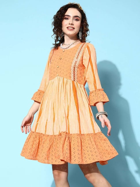 Ishin Orange Cotton Self Pattern Dress Price in India
