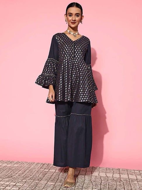 Yufta Navy Printed Kurti Sharara Set