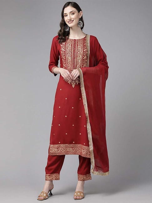 Yufta Red Printed Kurta Pant Set With Dupatta