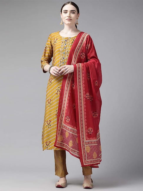 Yufta Mustard Printed Kurta Pant Set With Dupatta