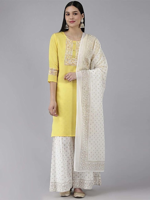 Yellow plain cotton long kurti with palazzo - siyani - 2966284