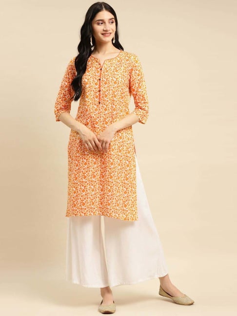Rangita Orange Cotton Floral Print Straight Kurta Price in India
