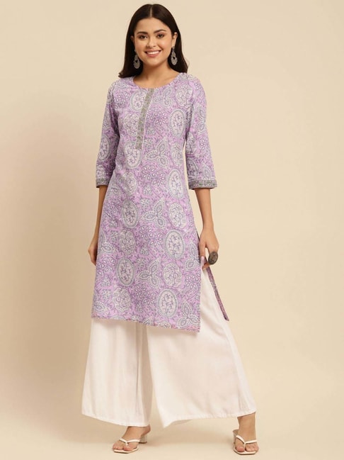 Rangita Purple Cotton Floral Print Straight Kurta Price in India