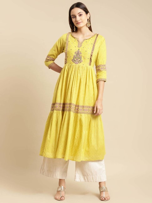 Rangita Lime Green Cotton Floral Print Fit and Flare Kurta Price in India