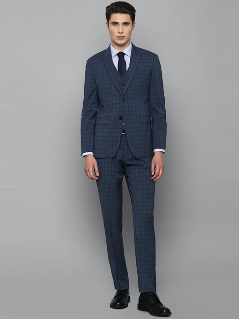 Louis Philippe Blue Slim Fit Checks Three Piece Suits