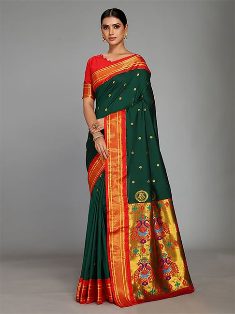 Forest Green Paithani Silk Saree And Blouse Piece – paanericlothing