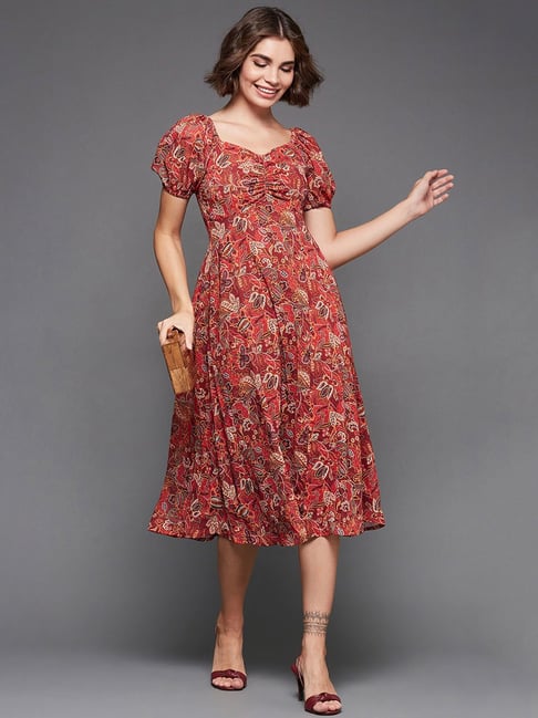 Miss Chase Rust Floral Print Midi Dress Price in India