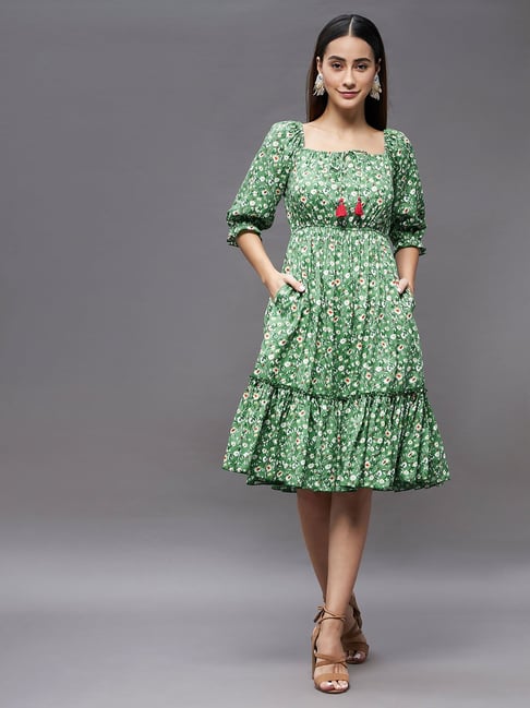 Miss Chase Green Floral Print Fit & Flare Dress Price in India