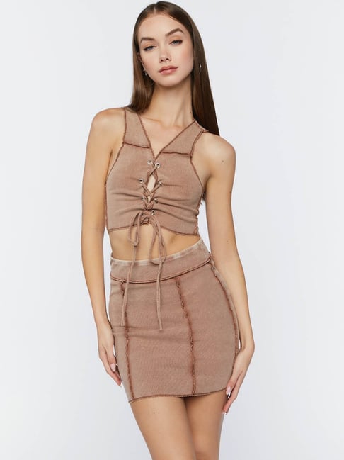 Forever 21 Brown Textured Crop Top With Skirt