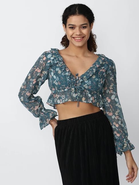 Forever 21 Blue Floral Print Crop Top
