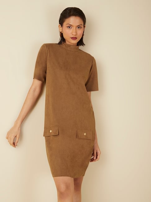 Wardrobe by Westside Brown High Neck Suede Dress Price in India