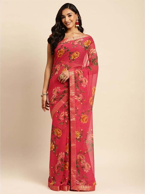 Rangita Red Floral Print Saree With Unstitched Blouse Price in India