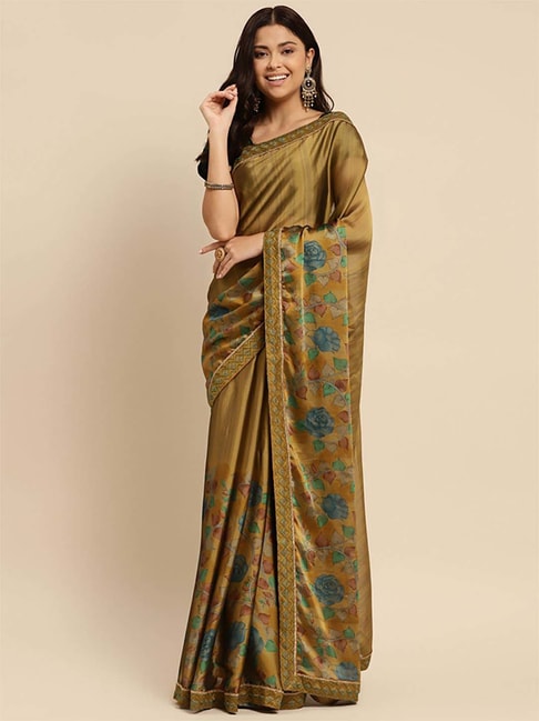 Rangita Brown Floral Print Saree With Unstitched Blouse Price in India