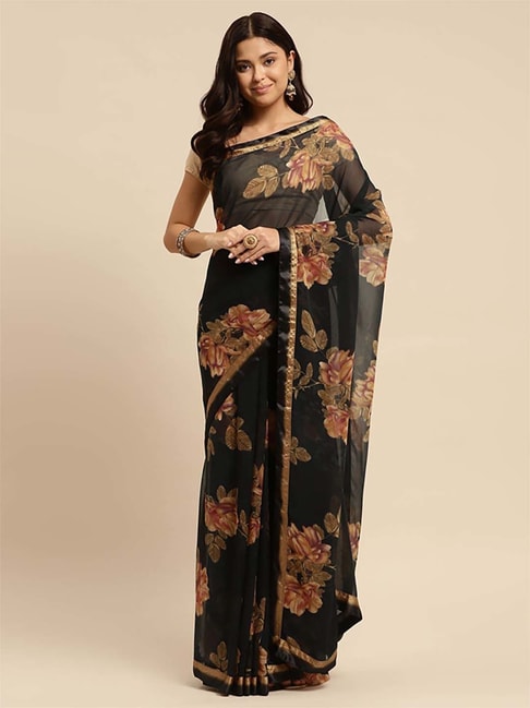Rangita Black Floral Print Saree With Unstitched Blouse Price in India