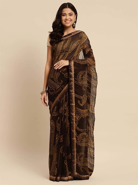 Rangita Brown Paisley Print Saree With Unstitched Blouse Price in India