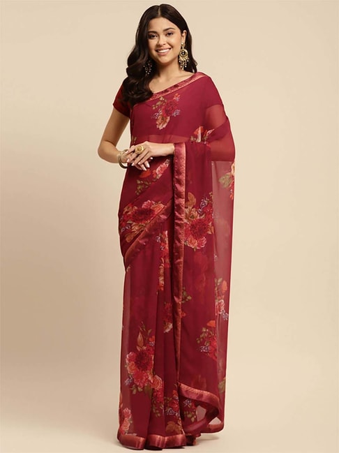 Rangita Maroon Floral Print Saree With Unstitched Blouse Price in India