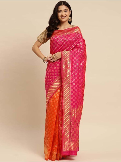 Rangita Pink & Orange Woven Saree With Unstitched Blouse Price in India
