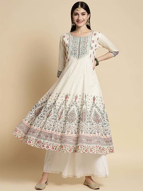 Rangita Cream Cotton Floral Print Anarkali Kurta Price in India