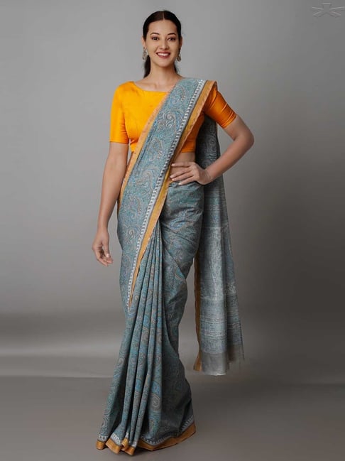 Unnati Silks Grey Cotton Silk Printed Saree With Unstitched Blouse Price in India