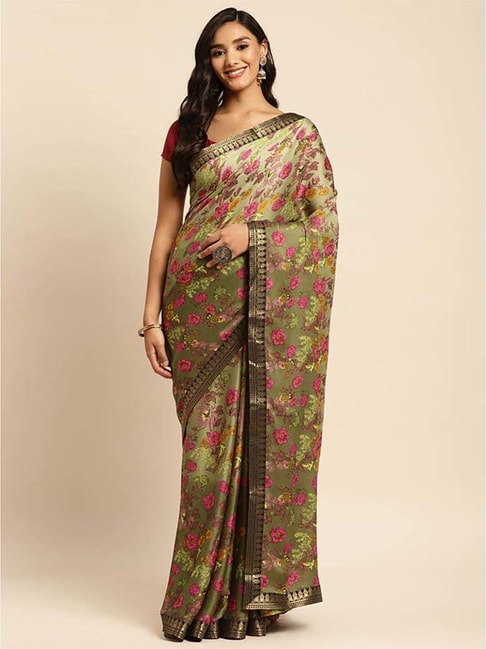 Rangita Olive Green Floral Print Saree With Unstitched Blouse Price in India