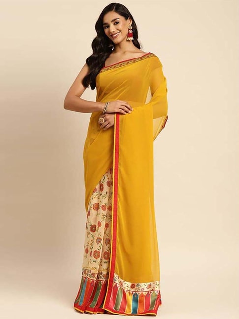 Rangita Yellow Floral Print Saree With Unstitched Blouse Price in India