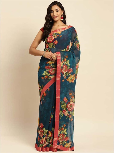 Rangita Teal Blue Floral Print Saree With Unstitched Blouse Price in India