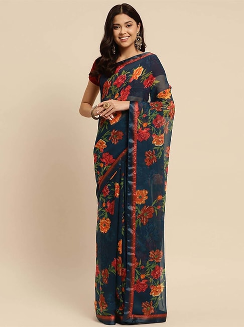Rangita Navy Floral Print Saree With Unstitched Blouse Price in India