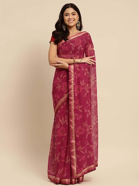 Rangita Purple Floral Print Saree With Unstitched Blouse Price in India