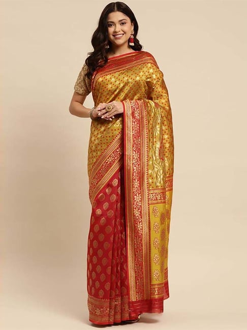 Rangita Golden & Red Woven Saree With Unstitched Blouse Price in India