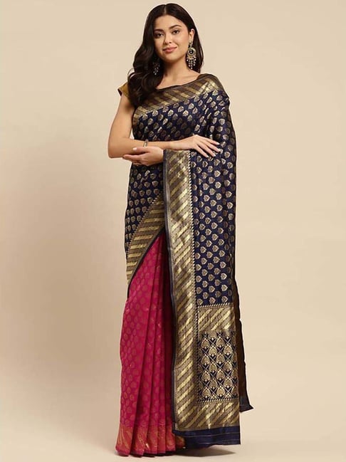 Rangita Navy & Pink Woven Saree With Unstitched Blouse Price in India