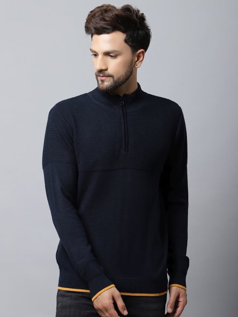 Buy Cantabil Navy Blue Regular Fit Self Pattern Sweaters for Mens