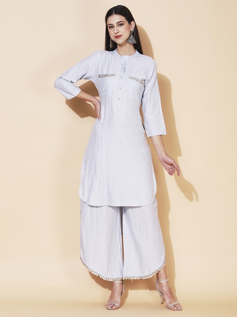 Off White and Blue Cotton Kurti with Palazzo and Dupatta – Thogai Threads