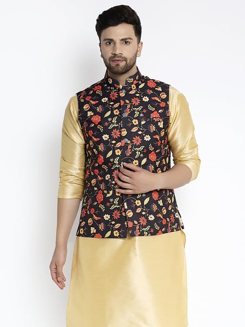 Multicolor grey checkered print nehru jacket with black kurta and pyjama -  set of 3 by The Weave Story | The Secret Label