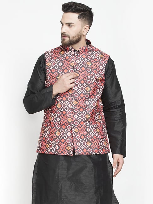 Buy Men's Black Silk Printed Kurta Set with Jacket Online - KARMAPLACE —  Karmaplace