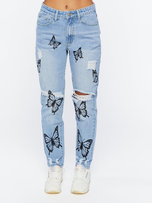 Forever 21 Blue Cotton Printed Regular Fit Mid Rise Jeans