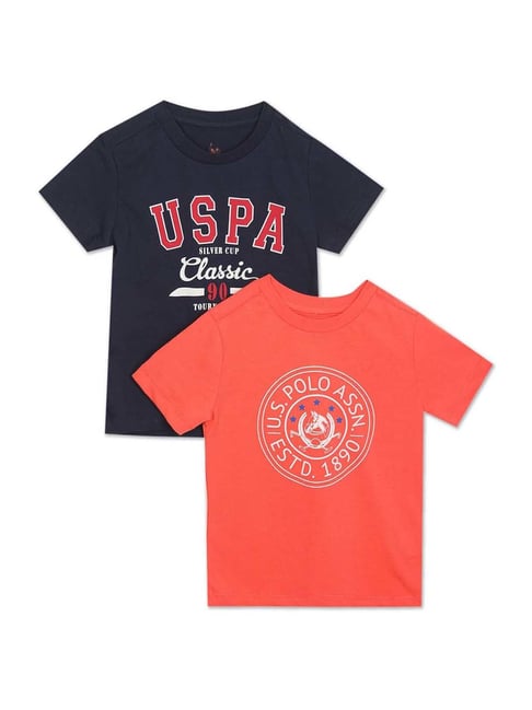 U S Polo Assn U.S. Polo Assn. Kids Blue & Orange Cotton Printed T-Shirt (Pack of 2)