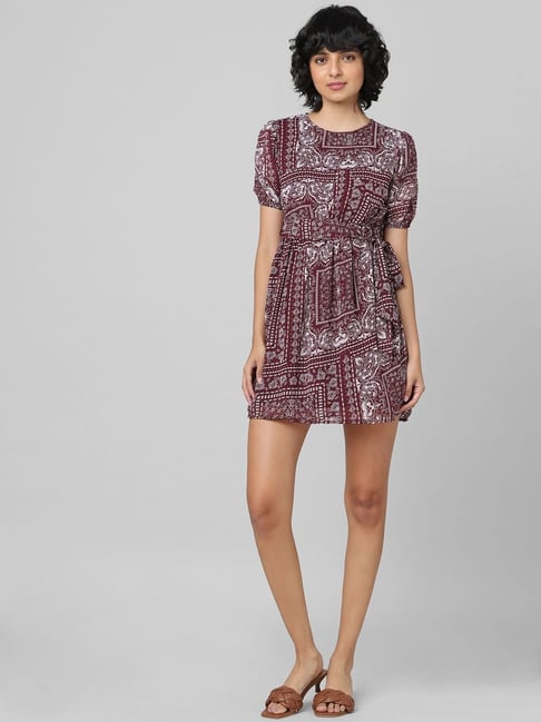 Only Maroon Printed Skater Dress Price in India