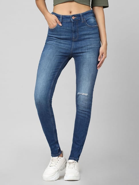 Only Blue Cotton Distressed Skinny Fit High Rise Jeans