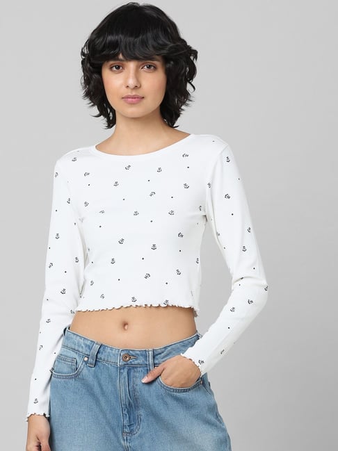 Only White Cotton Printed Crop Top