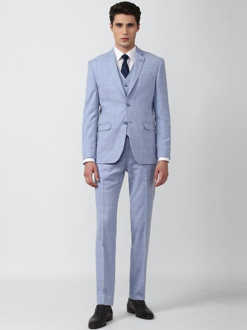 Men Blue Solid Slim Fit Formal Four Piece Suit