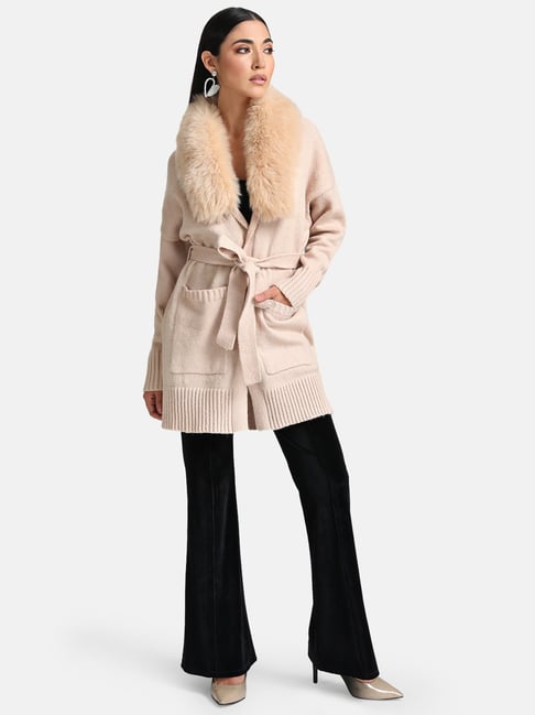 Miss Selfridge Faux Fur Collar Coat, Nude