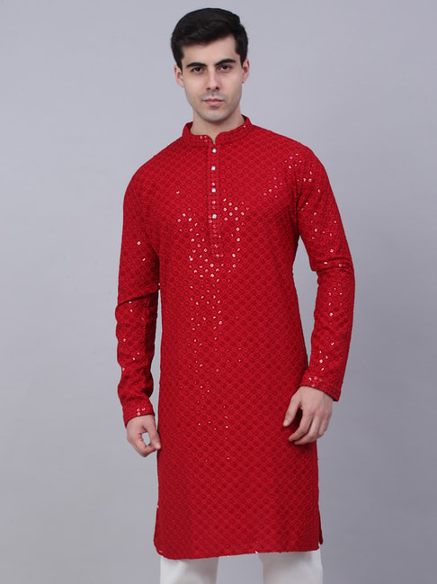 Jompers Red Regular Fit Embroidered Kurta