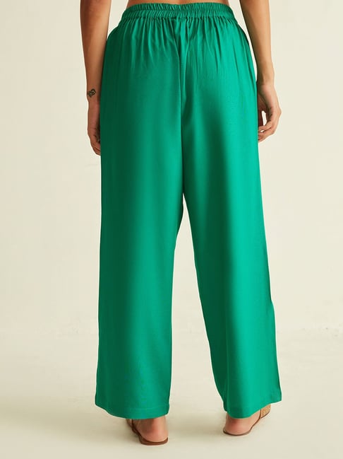 Plus Size Green Satin Wide Leg Trousers | Yours Clothing
