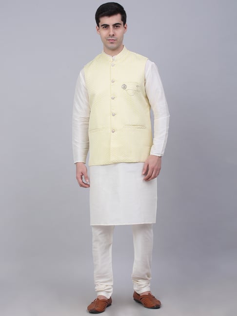 Jompers Light Beige Regular Fit Self Design Kurta & Pyjamas With Nehru Jacket