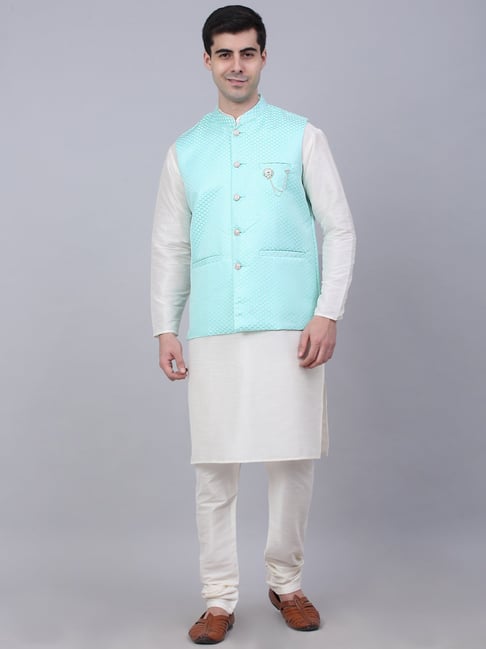 Jompers Light Beige Regular Fit Self Design Kurta & Pyjamas With Nehru Jacket